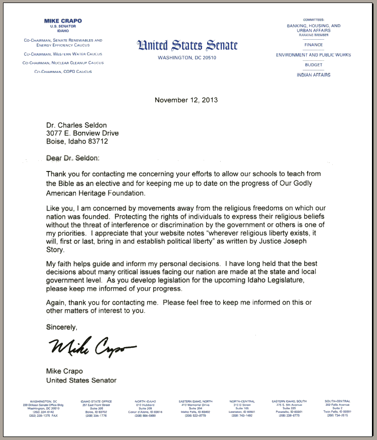 Letter from Idaho Senator Mike Crapo on Teaching the Bible In Schools